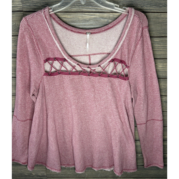 Free People Large Pullover Sweater Top Knit Striped Grommet Lace Up Lacey Love - Picture 1 of 8